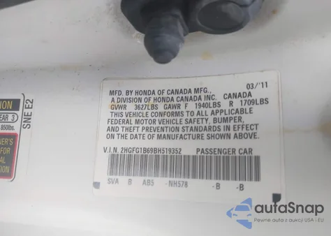 2011 Honda Civic Lx из США, поврежденный, VIN 2HGFG1B69BH519352